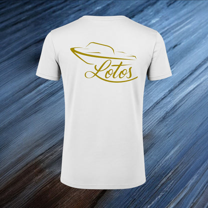 Lotos Sportboot Premium Shirt White Herren mit goldenem Lotos Logo auf der Rückseite.