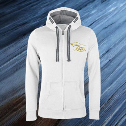 Lotos Sportboot Premium Hoodie Sweat Jacke White Herren mit goldenem Lotos Logo auf Brusthöhe vorne rechts.