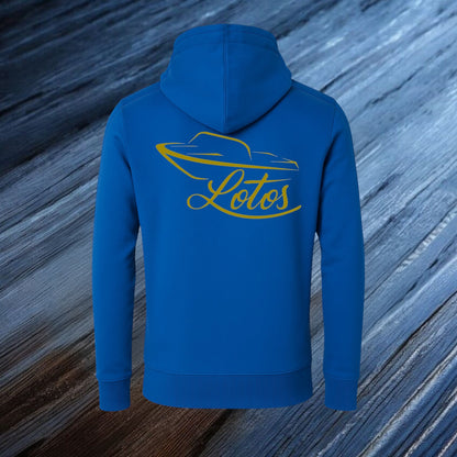 Lotos Sportboot Premium Hoodie Royal Blue Unisex mit goldenem Lotos Logo auf der Rückseite.