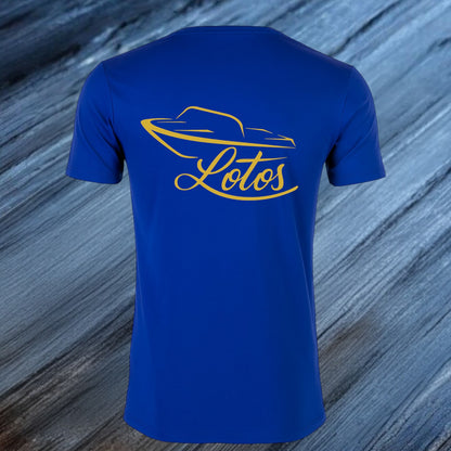 Lotos Sportboot Premium Shirt Royal Blue Herren mit goldenem Lotos Logo auf der Rückseite.