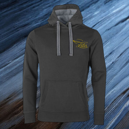 Lotos Sportboot Premium Hoodie Dark Grey Unisex mit goldenem Lotos Logo auf Brusthöhe vorne rechts.