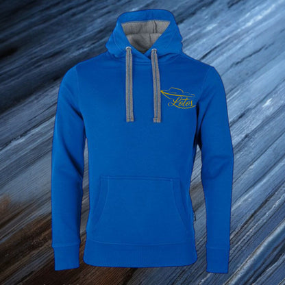 Lotos Sportboot Premium Hoodie Royal Blue Unisex mit goldenem Lotos Logo auf Brusthöhe vorne rechts.