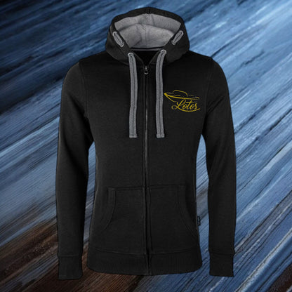 Lotos Sportboot Premium Hoodie Sweat Jacke Black Herren mit goldenem Lotos Logo auf Brusthöhe vorne rechts.