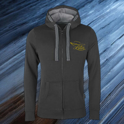 Lotos Sportboot Premium Hoodie Sweat Jacke Dark Grey Herren mit goldenem Lotos Logo auf Brusthöhe vorne rechts.