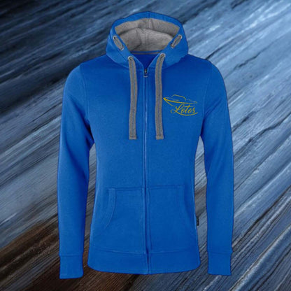 Lotos Sportboot Premium Hoodie Sweat Jacke Royal Blue Herren mit goldenem Lotos Logo auf Brusthöhe vorne rechts.