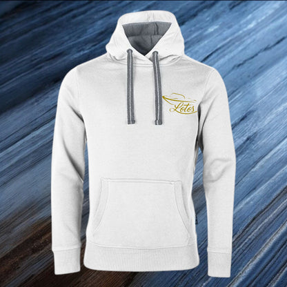 Lotos Sportboot Premium Hoodie White Unisex mit goldenem Lotos Logo auf Brusthöhe vorne rechts.