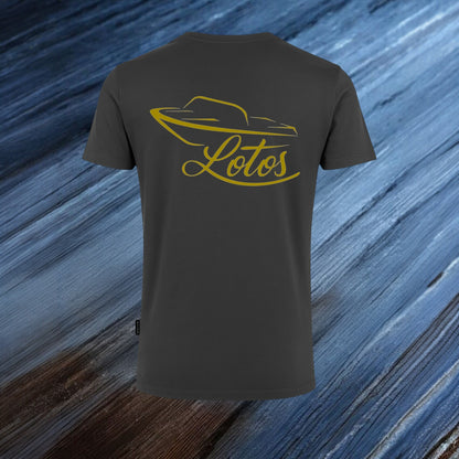 Lotos Sportboot Premium Shirt Dark Grey Herren mit goldenem Lotos Logo auf der Rückseite.