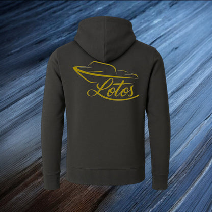 Lotos Sportboot Premium Hoodie Dark Grey Unisex mit goldenem Lotos Logo auf der Rückseite.