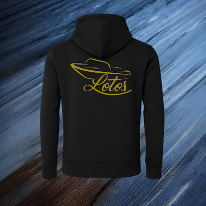 Lotos Sportboot Premium Hoodie Black Unisex mit goldenem Lotos Logo auf der Rückseite.