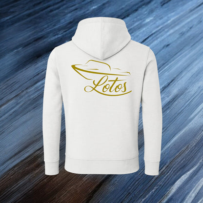 Lotos Sportboot Premium Hoodie White Unisex mit goldenem Lotos Logo auf der Rückseite.