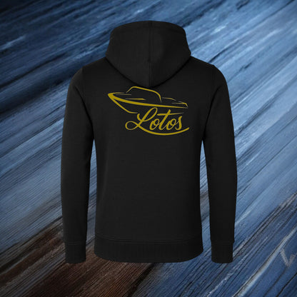 Lotos Sportboot Premium Hoodie Sweat Jacke Black Herren mit goldenem Lotos Logo auf der Rückseite.