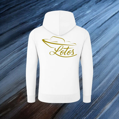 Lotos Sportboot Premium Hoodie Sweat Jacke White Herren mit goldenem Lotos Logo auf der Rückseite
