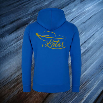 Lotos Sportboot Premium Hoodie Sweat Jacke Royal Blue Herren mit goldenem Lotos Logo auf der Rückseite.