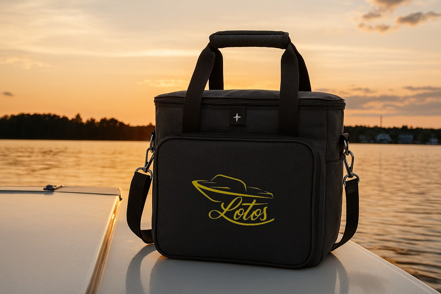 rhbs-shop.com. Lotos DDR Sportboot. Premium Kühltasche mit goldenem Lotos Logo auf einem Lotos im Sonnenuntergang.