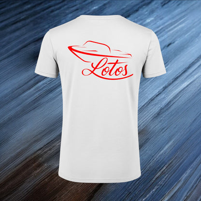 Lotos Sportboot Premium Shirt White Herren mit rotem Lotos Logo auf der Rückseite.
