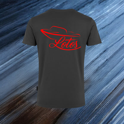 Lotos Sportboot Premium Shirt Dark Grey Herren mit rotem Lotos Logo auf der Rückseite.