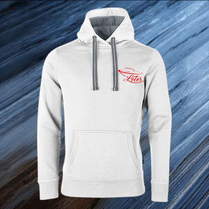 Lotos Sportboot Premium Hoodie White Unisex mit rotem Lotos Logo auf Brusthöhe vorne rechts.