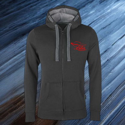Lotos Sportboot Premium Hoodie Sweat Jacke Dark Grey Herren mit rotem Lotos Logo auf Brusthöhe vorne rechts.