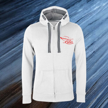 Lotos Sportboot Premium Hoodie Sweat Jacke White Herren mit rotem Lotos Logo auf Brusthöhe vorne rechts.