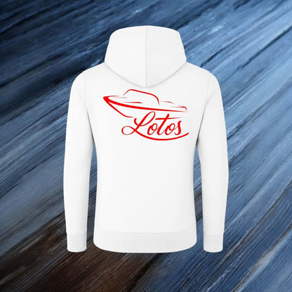 Lotos Sportboot Premium Hoodie Sweat Jacke White Herren mit rotem Lotos Logo auf der Rückseite.
