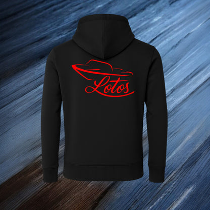 Lotos Sportboot Premium Hoodie Black Unisex mit rotem Lotos Logo auf der Rückseite.