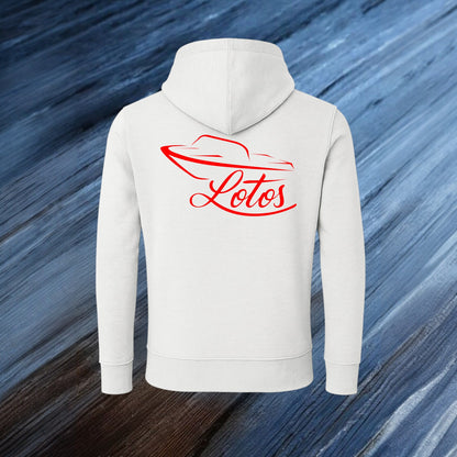 Lotos Sportboot Premium Hoodie White Unisex mit rotemLotos Logo auf der Rückseite.