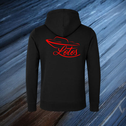 Lotos Sportboot Premium Hoodie Sweat Jacke Black Herren mit rotem Lotos Logo auf der Rückseite.