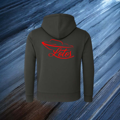 Lotos Sportboot Premium Hoodie Sweat Jacke Dark Grey Herren mit rotem Lotos Logo auf der Rückseite.