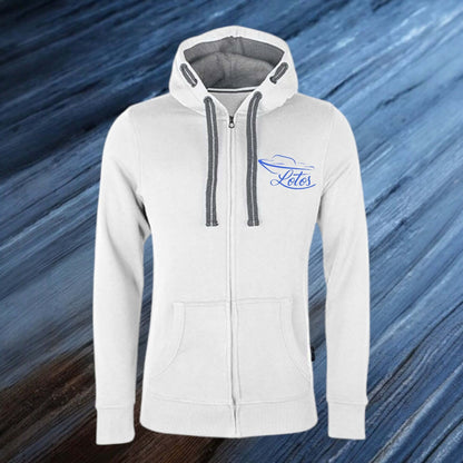 Lotos Sportboot Premium Hoodie Sweat Jacke White Herren mit blauem Lotos Logo auf Brusthöhe vorne rechts.