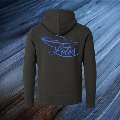 Lotos Sportboot Premium Hoodie Dark Grey Unisex mit blauem Lotos Logo auf der Rückseite.