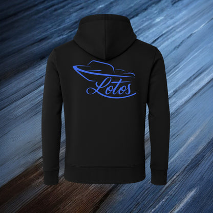Lotos Sportboot Premium Hoodie Black Unisex mit blauem Lotos Logo auf der Rückseite.