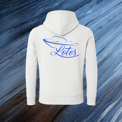 Lotos Sportboot Premium Hoodie White Unisex mit blauem Lotos Logo auf der Rückseite.
