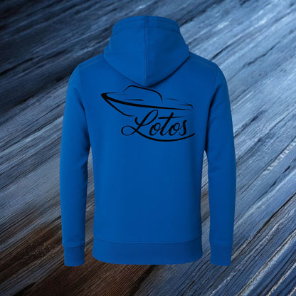Lotos Sportboot Premium Hoodie Royal Blue Unisex mit schwarzem Lotos Logo auf der Rückseite.