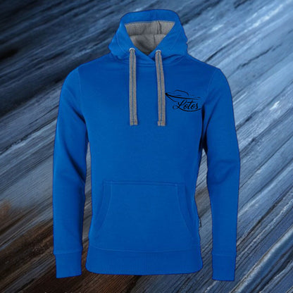 Lotos Sportboot Premium Hoodie Royal Blue Unisex mit schwarzem Lotos Logo auf Brusthöhe vorne rechts.