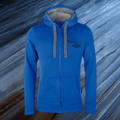 Lotos Sportboot Premium Hoodie Sweat Jacke Royal Blue Herren mit schwarzem Lotos Logo auf Brusthöhe vorne rechts.