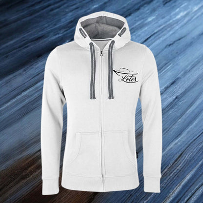 Lotos Sportboot Premium Hoodie Sweat Jacke White Herren mit schwarzem Lotos Logo auf Brusthöhe vorne rechts.