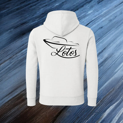 Lotos Sportboot Premium Hoodie White Unisex mit schwarzem Lotos Logo auf der Rückseite.