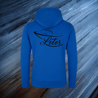 Lotos Sportboot Premium Hoodie Sweat Jacke Royal Blue Herren mit schwarzem Lotos Logo auf der Rückseite.