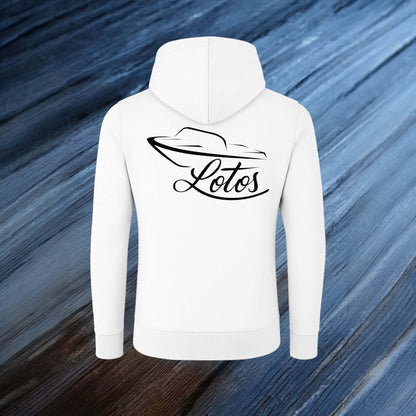 Lotos Sportboot Premium Hoodie Sweat Jacke White Herren mit schwarzem Lotos Logo auf der Rückseite.