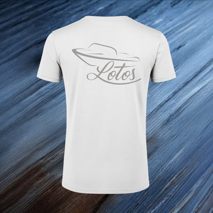 Lotos Sportboot Premium Shirt White Herren mit silbernem Lotos Logo auf der Rückseite.