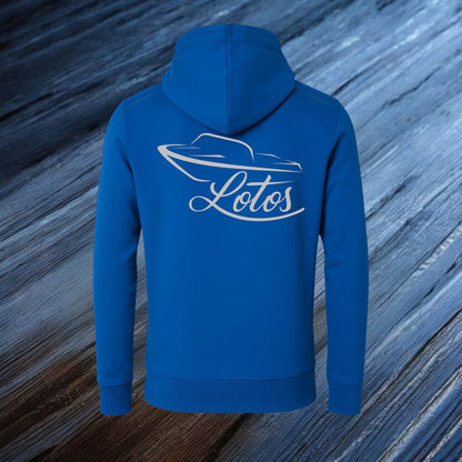 Lotos Sportboot Premium Hoodie Royal Blue Unisex mit silbernem Lotos Logo auf der Rückseite.
