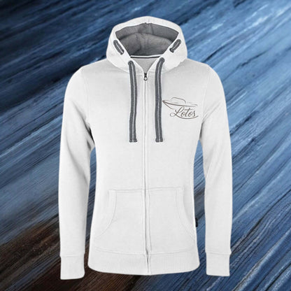 Lotos Sportboot Premium Hoodie Sweat Jacke White Herren mit silbernem Lotos Logo auf Brusthöhe vorne rechts.
