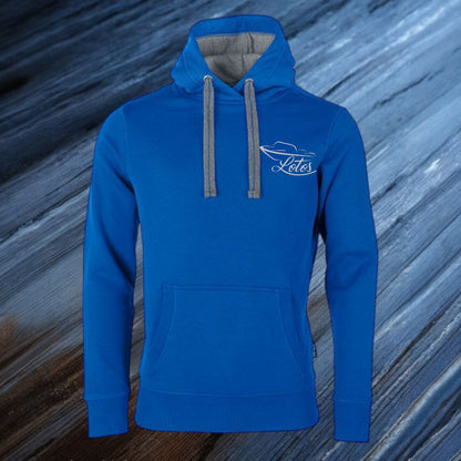 Lotos Sportboot Premium Hoodie Royal Blue Unisex mit silbernen Lotos Logo auf Brusthöhe vorne rechts.
