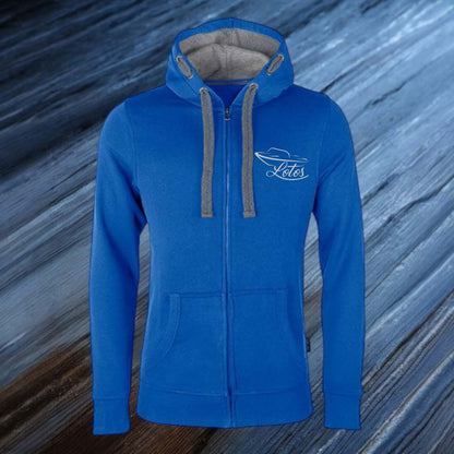 Lotos Sportboot Premium Hoodie Sweat Jacke Royal Blue Herren mit silbernem Lotos Logo auf Brusthöhe vorne rechts.