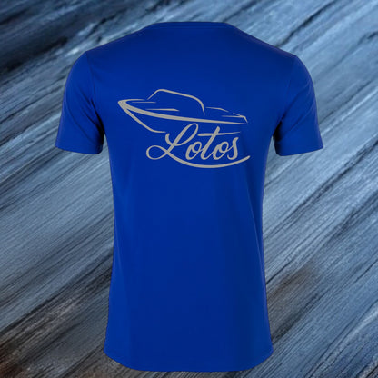 Lotos Sportboot Premium Shirt Royal Blue Herren mit silbernem Lotos Logo auf der Rückseite.