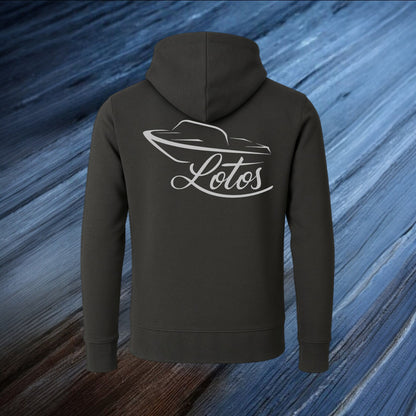 Lotos Sportboot Premium Hoodie Dark Grey Unisex mit silbernem Lotos Logo auf der Rückseite.