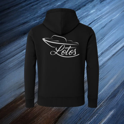 Lotos Sportboot Premium Hoodie Black Unisex mit silbernem Lotos Logo auf der Rückseite.
