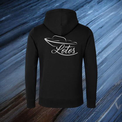 Lotos Sportboot Premium Hoodie Sweat Jacke Black Herren mit silbernem Lotos Logo auf der Rückseite.