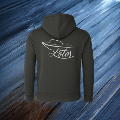 Lotos Sportboot Premium Hoodie Sweat Jacke Dark Grey Herren mit silbernem Lotos Logo auf der Rückseite.