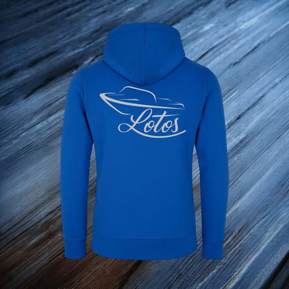 Lotos Sportboot Premium Hoodie Sweat Jacke Royal Blue Herren mit silbernem Lotos Logo auf der Rückseite.